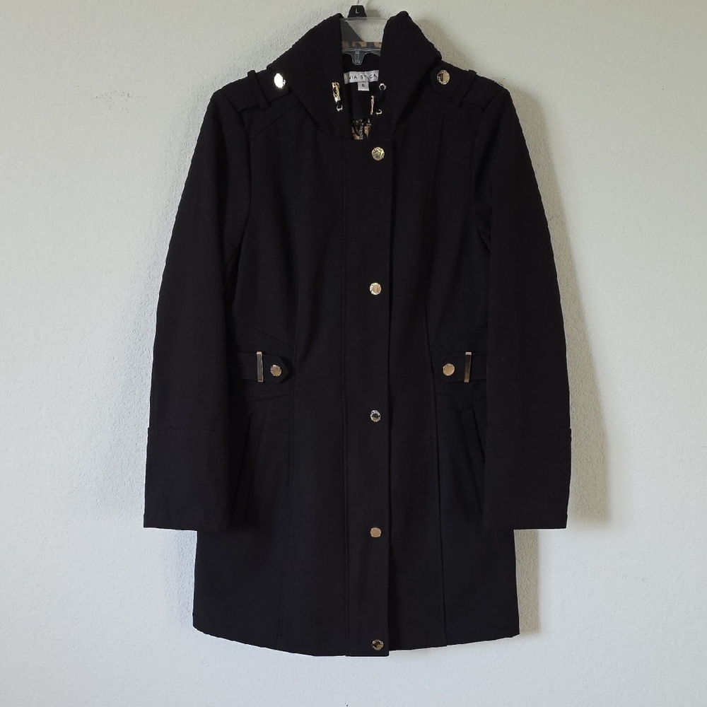 Via Spiga Elegant Black Trench Coat Gold Accents, Cheetah Interior Design Small